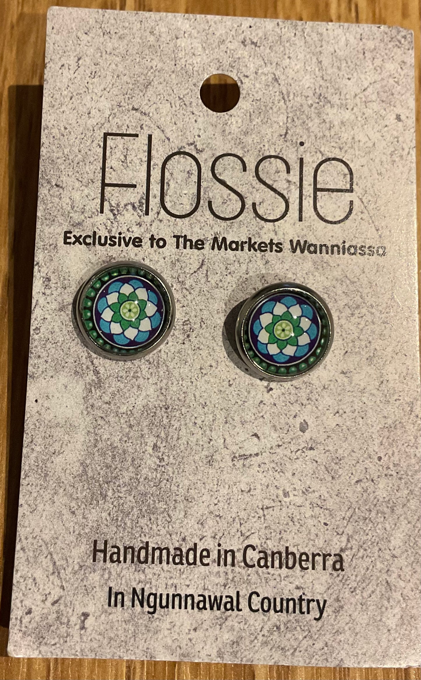 *Earrings Green Blue Mandala Glass Studs