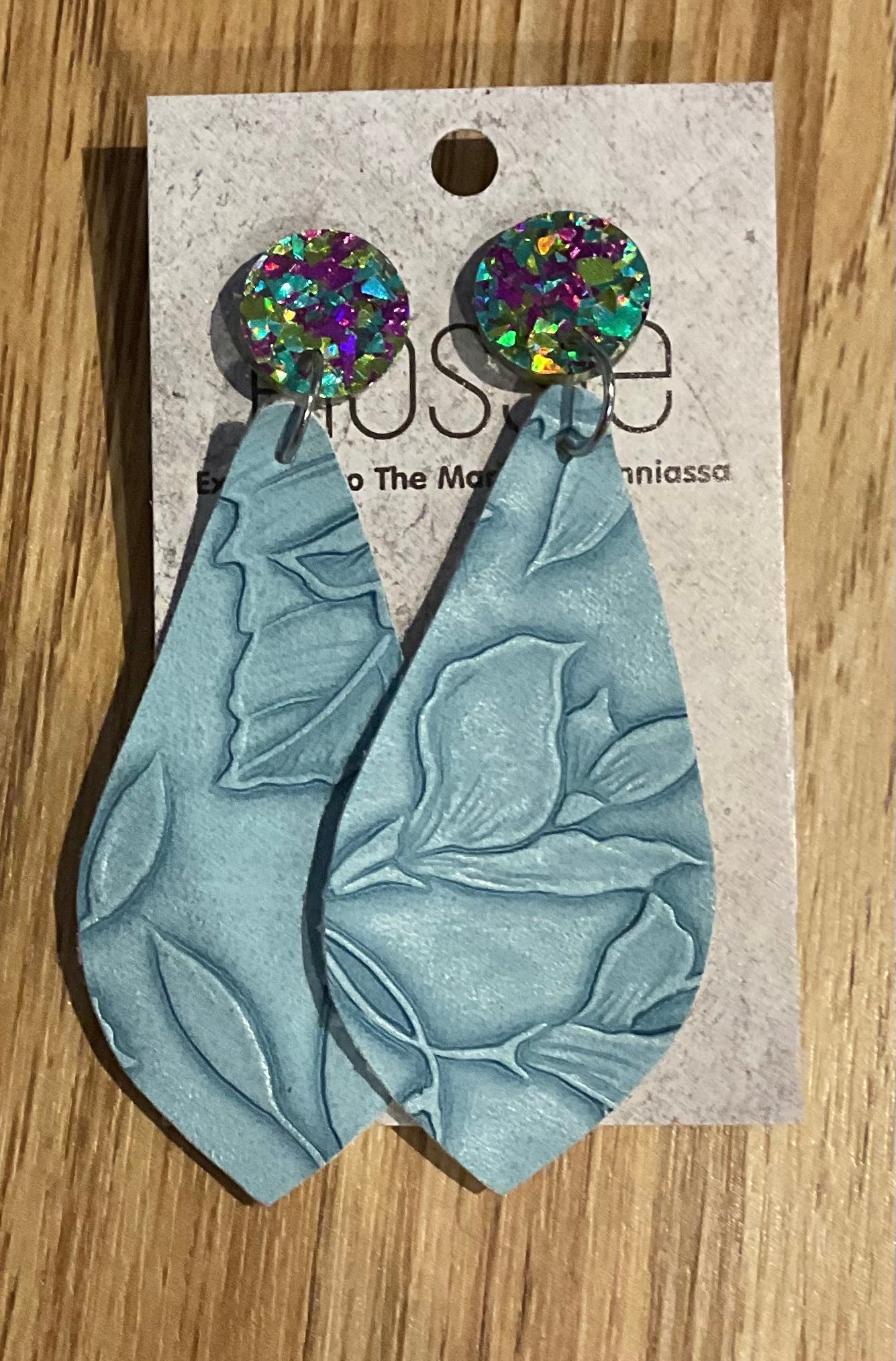 *Earrings Blue Embossed Dangles