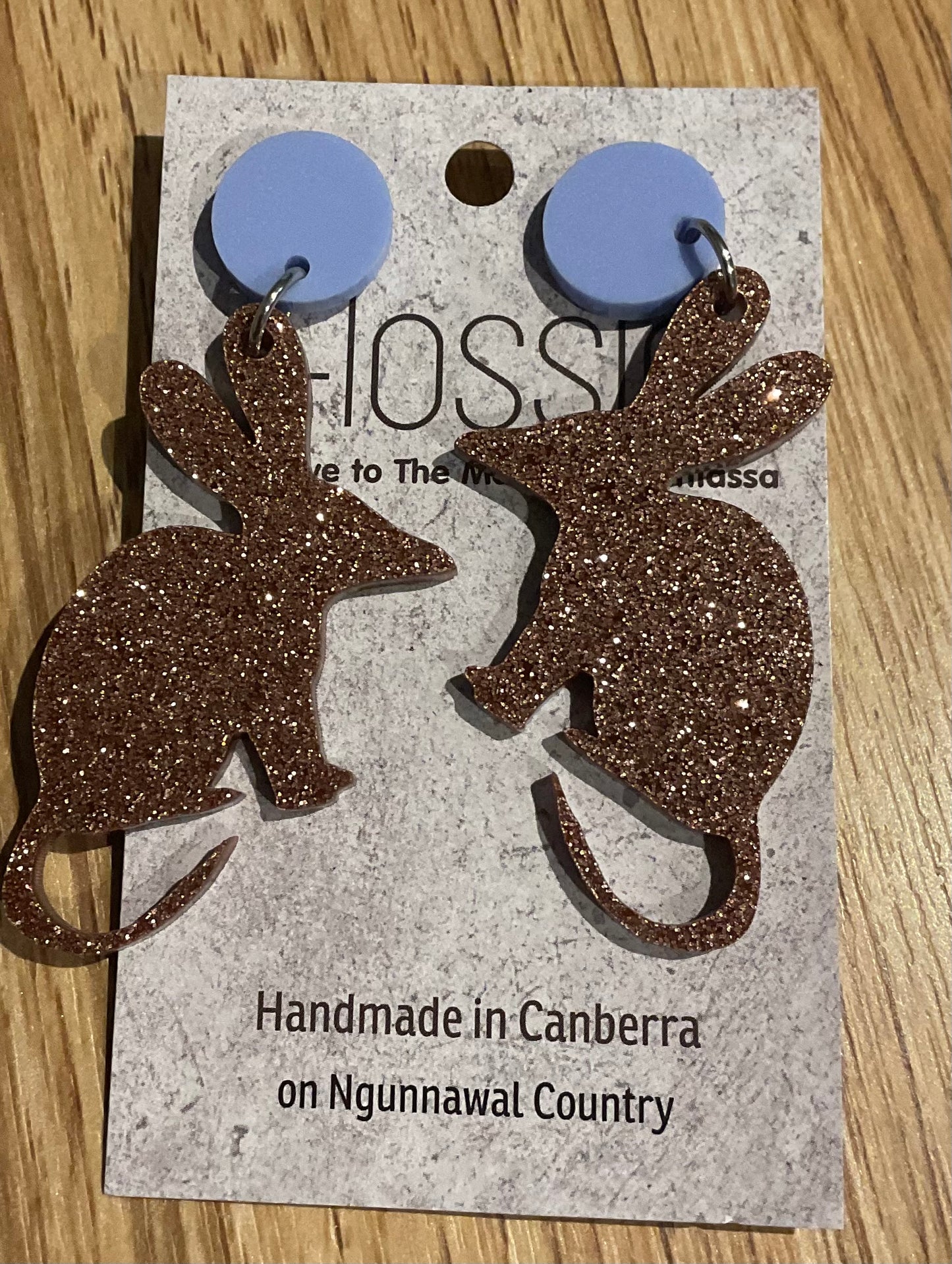 *Earrings Acrylic Brown Glitter Bilby Dangles