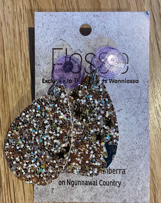 *Earrings Gold White Glitter Dangles