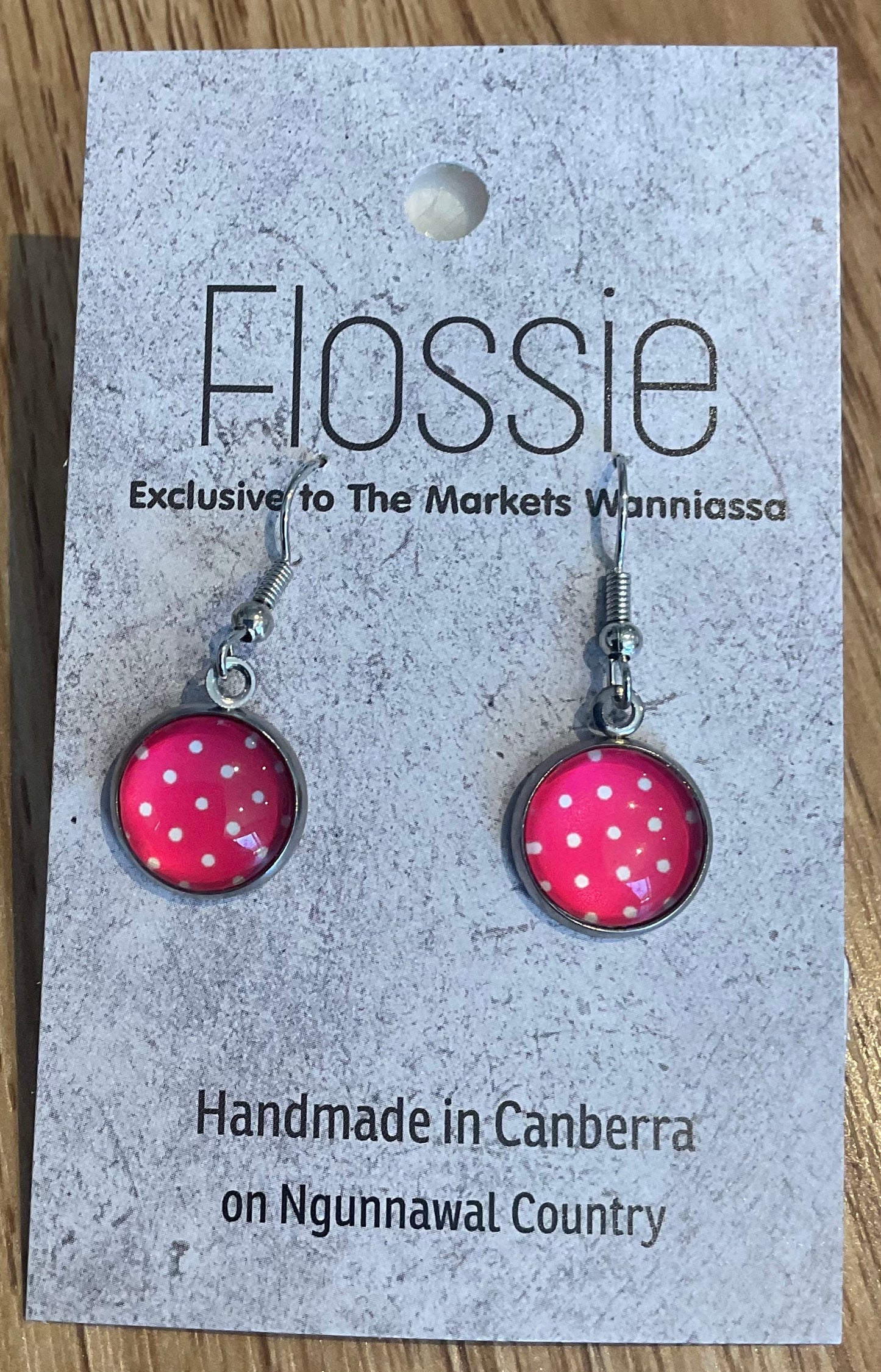 *Earrings Glass Dome Dangles Pink Spotted