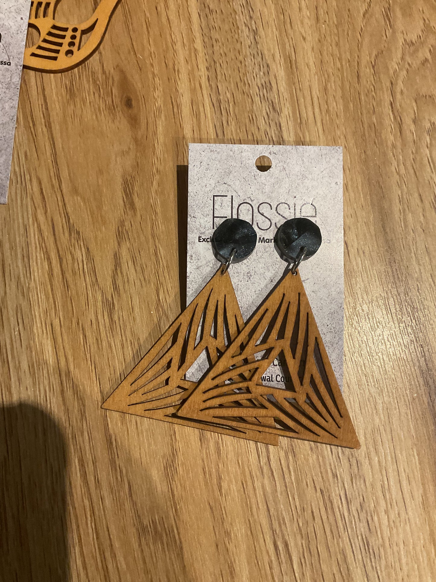 *Earrings Wooden Triangle with Black Dangles