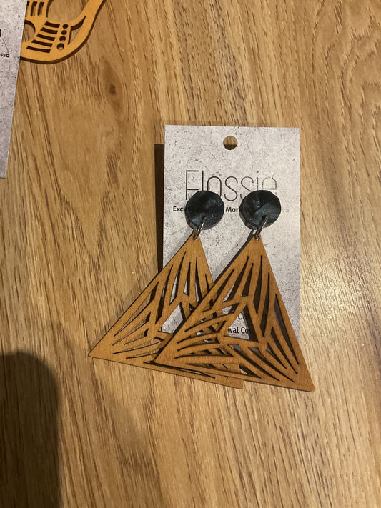 *Earrings Wooden Triangle with Black Dangles