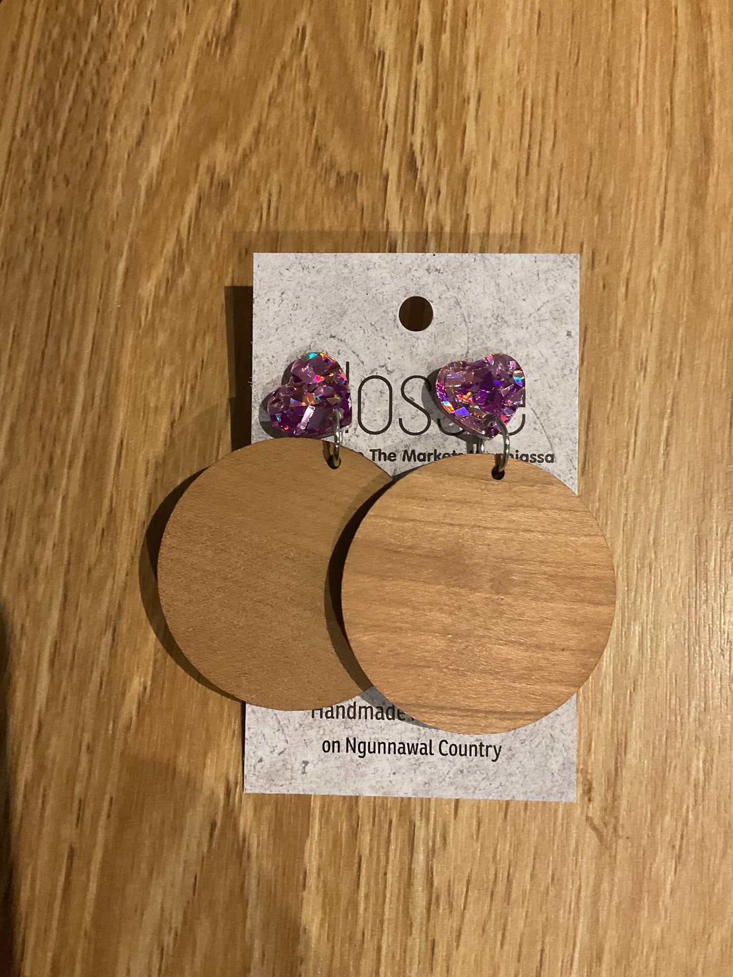 Earrings Wooden Circle with Glitter Hearts Dangles