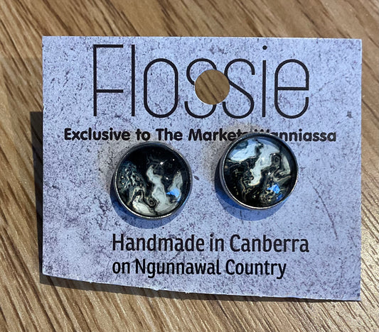 *Earrings Black Swirls Glass Dome Studs