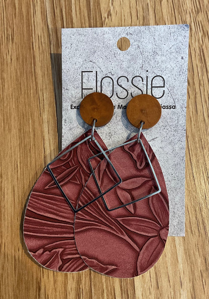 *Earrings Embossed Flowers Maroon Dangles