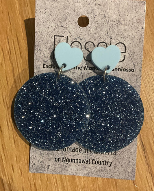 *Earrings 4cm Round Blue Glitter Dangles