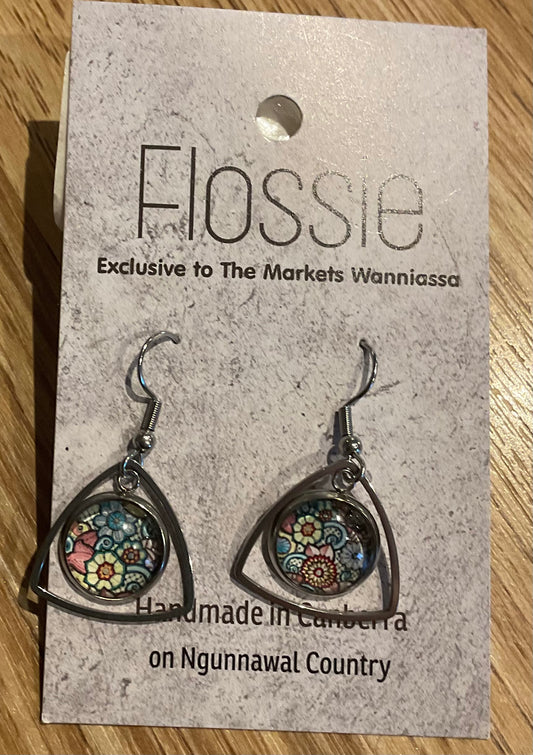 *Earrings Glass Dome Triangle Dangles Floral