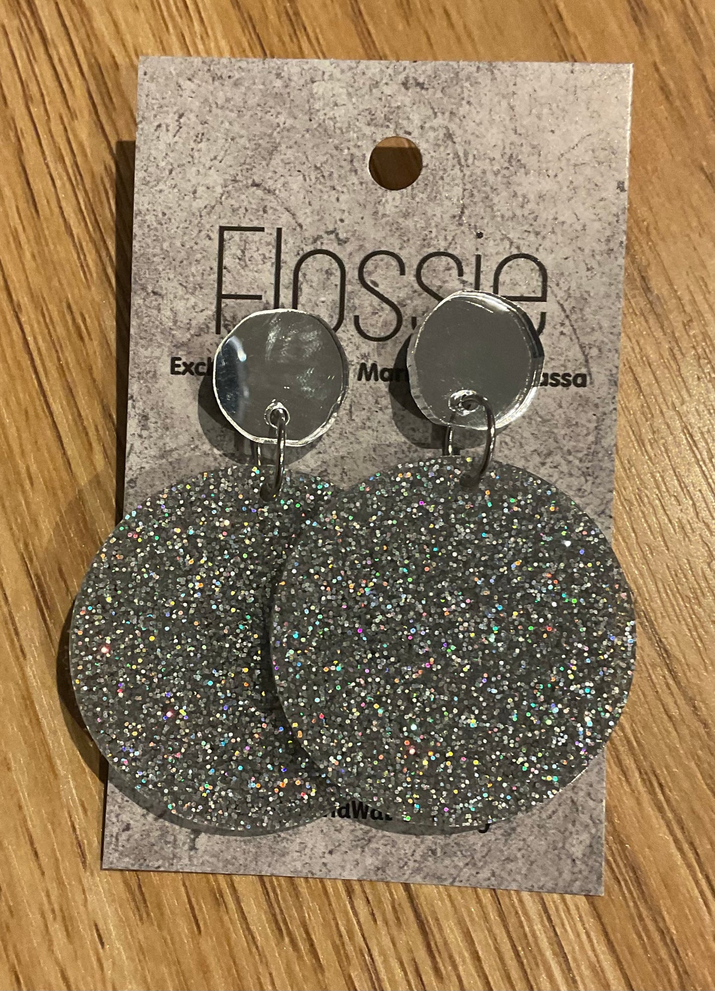 *Earrings 4cm Round Silver Glitter Dangles