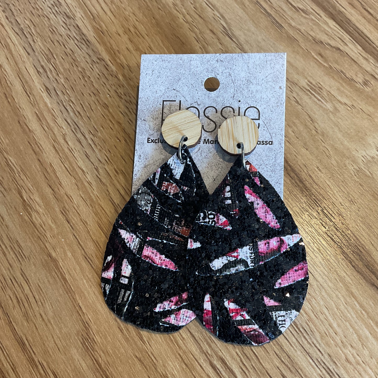 *Earrings Pink Black Glitter Dangles