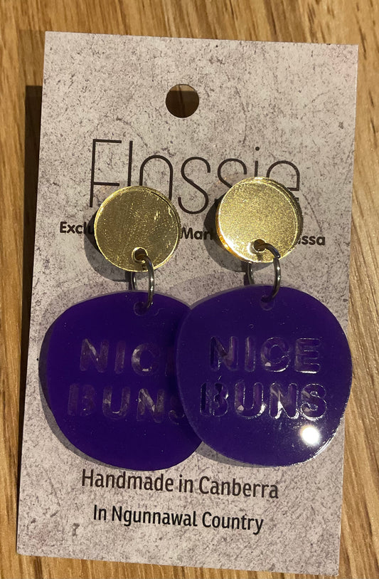 *Earrings Acrylic Purple "NICE BUNS" Dangles