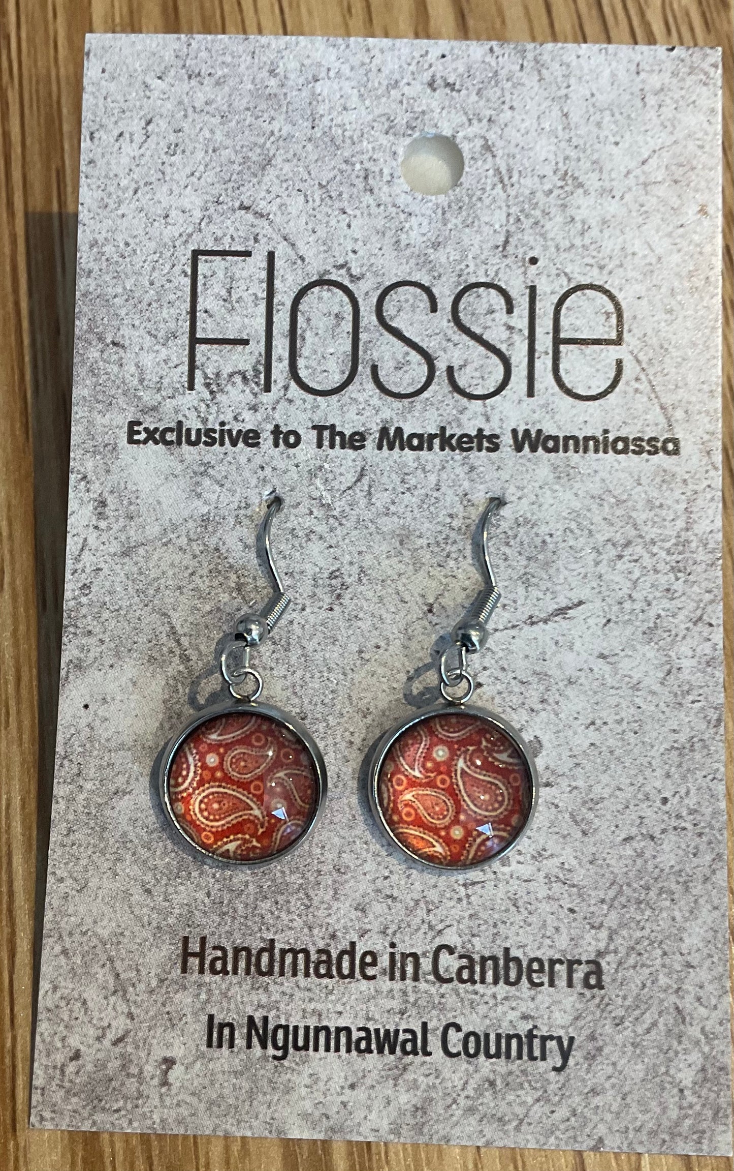 *Earrings Glass Dome Dangles Orange Paisley