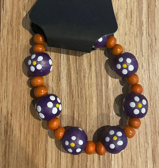 *Bracelet Wooden Beads Orange & Purple Flowers