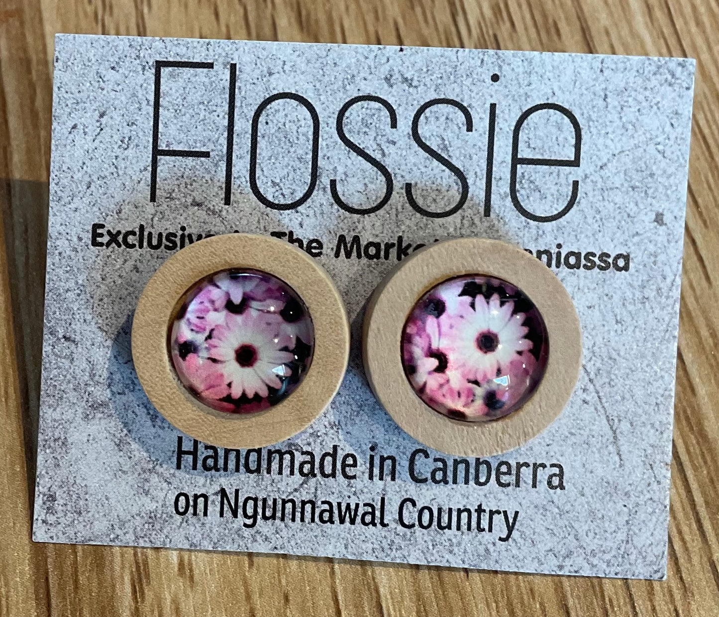 *Earrings Wooden Pink Flower Dome Studs