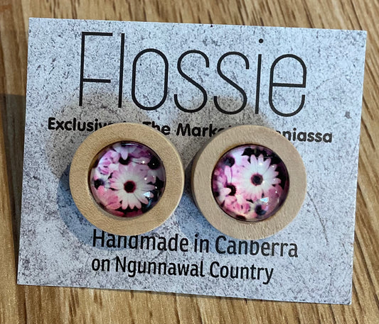 *Earrings Wooden Pink Flower Dome Studs