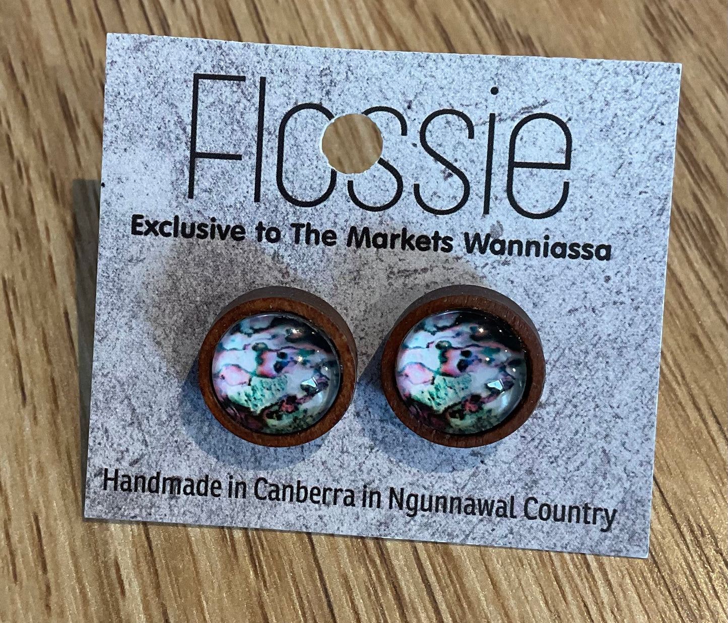 *Earrings Wooden Rainbow Marble Dome Studs