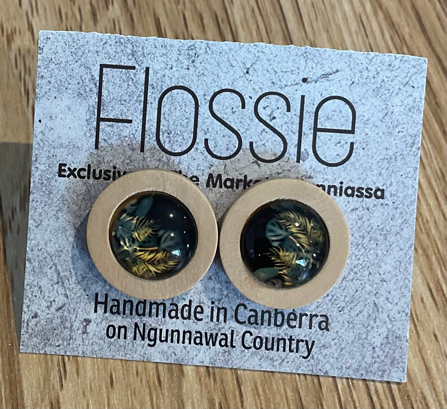 *Earrings Wooden Gold Leafy Print Dome Studs