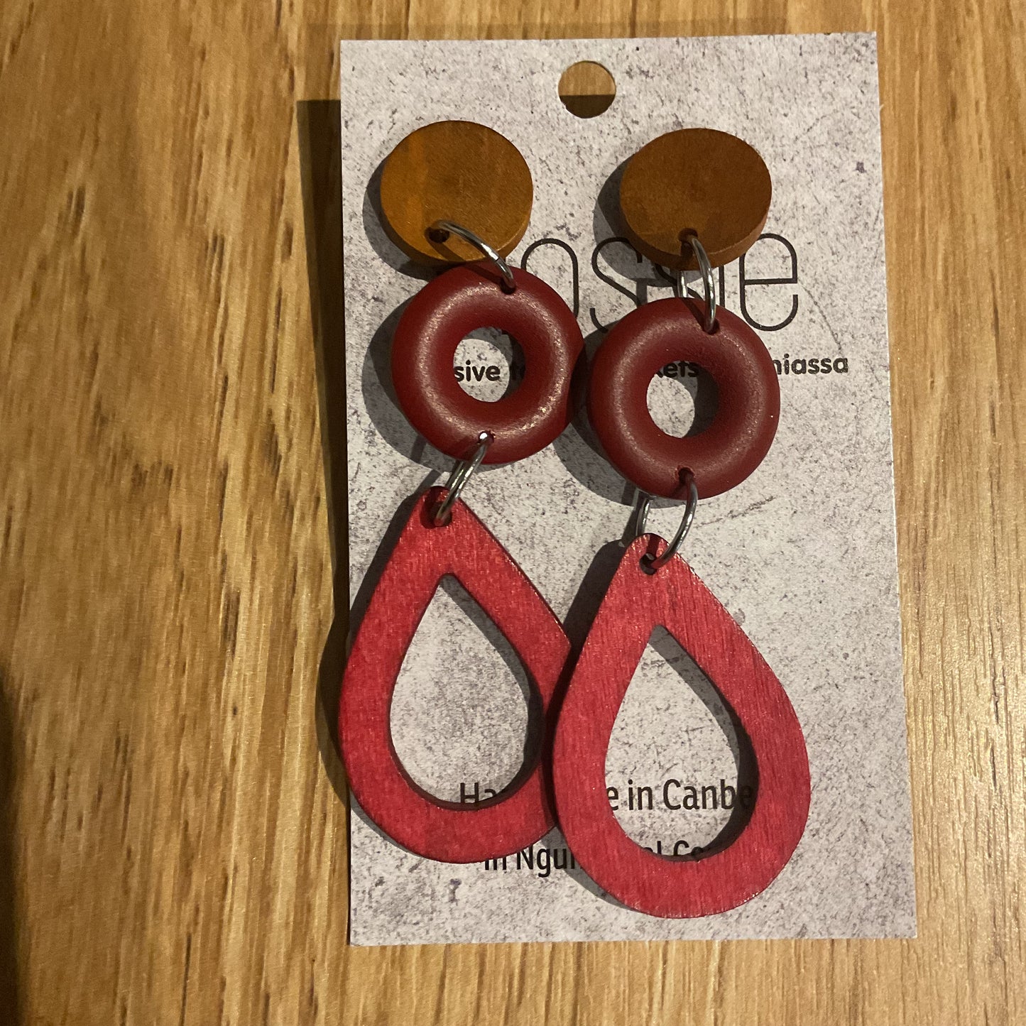 *Earrings Wooden Double Red Drop Dangles