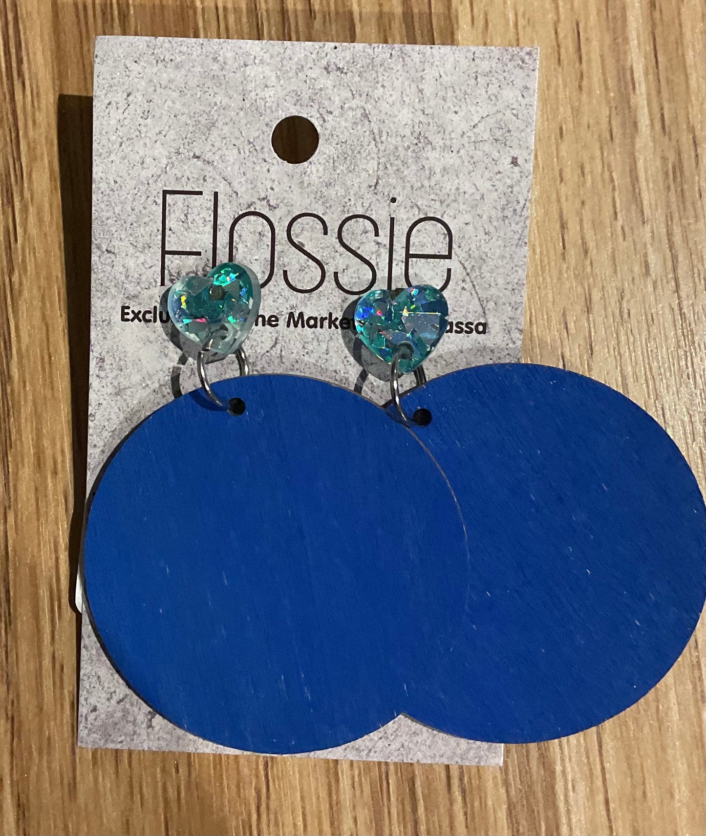 *Earrings 5cm Wooden Round Blue Dangles