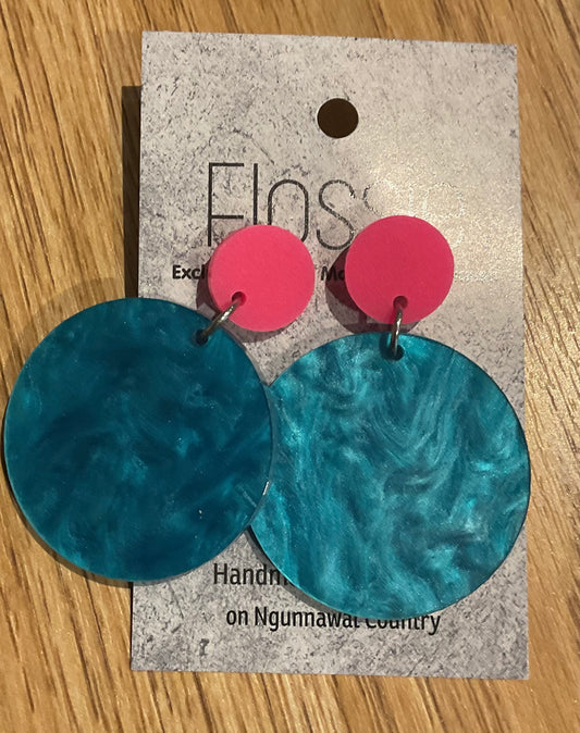 *Earrings 4cm Round Teal Marble Dangles