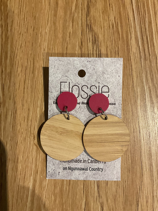 Earrings Wooden Circle Hot Pink Dangles