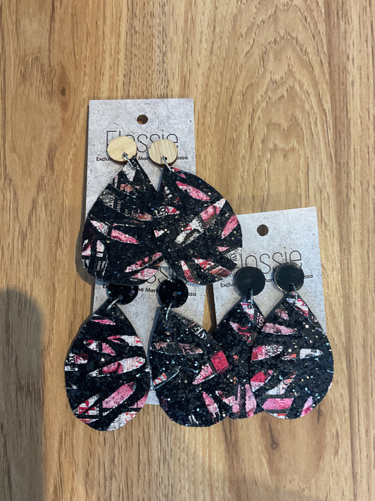 *Earrings Pink Black Glitter Dangles