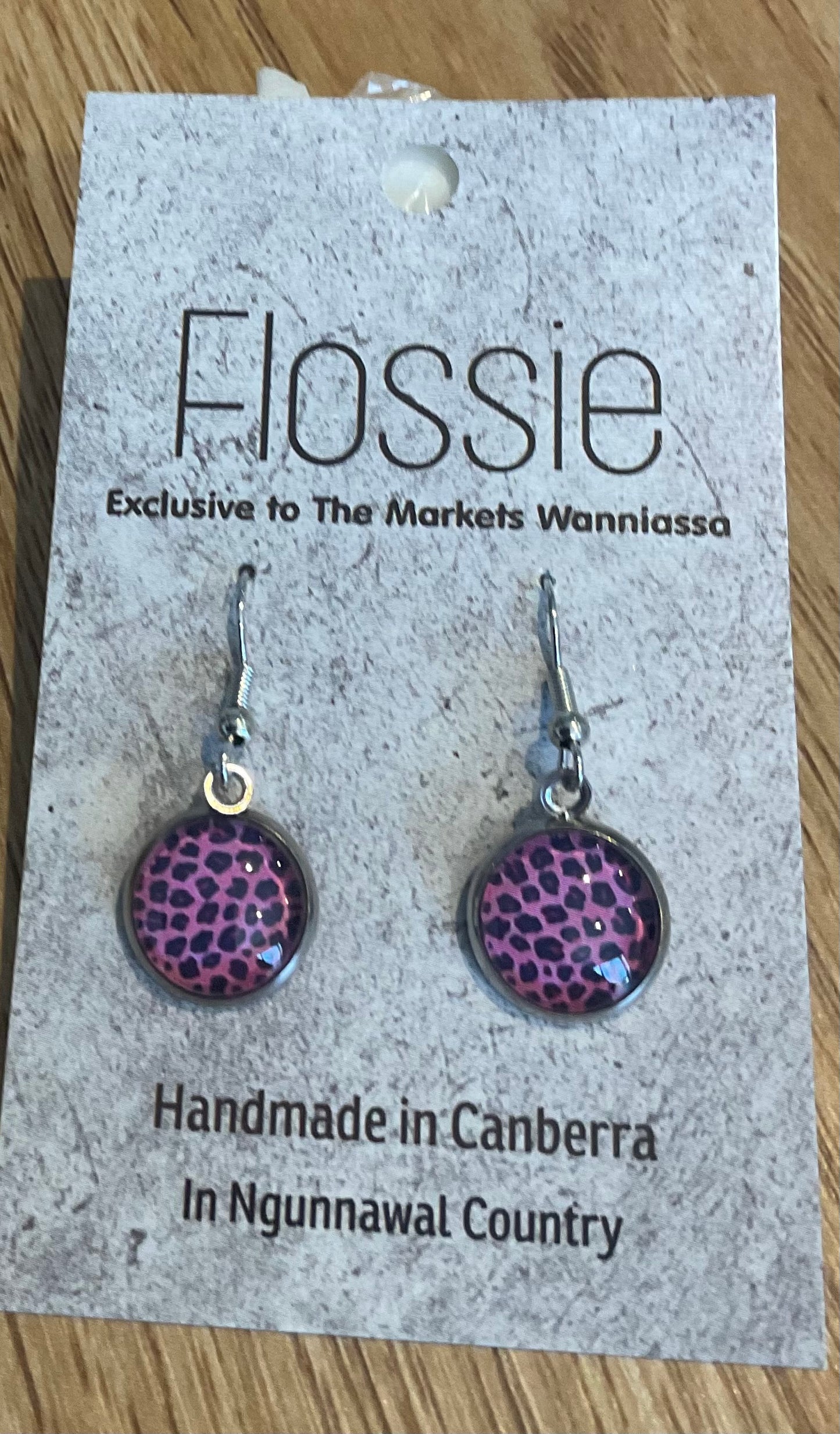 *Earrings Glass Dome Dangles Pink Animal Print
