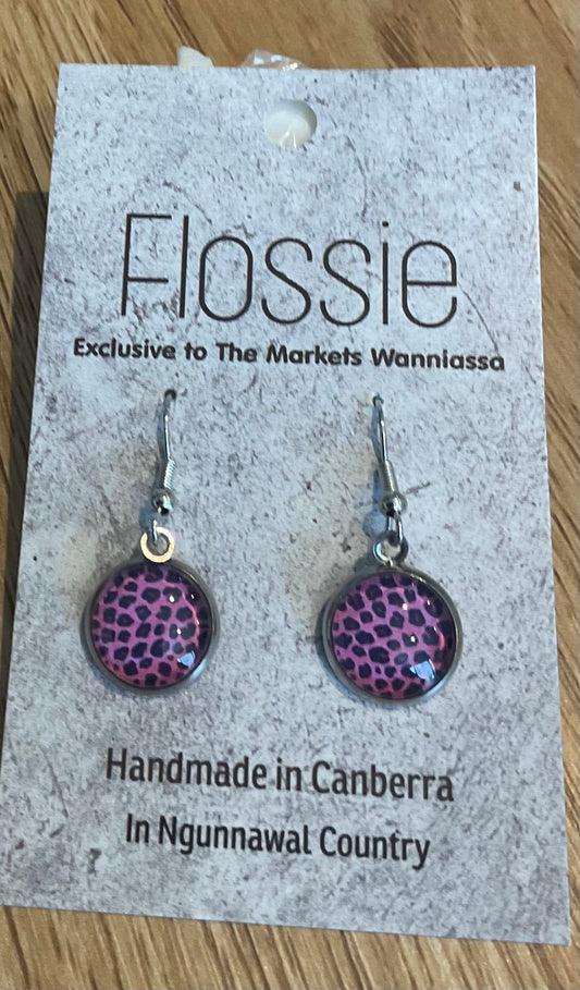 *Earrings Glass Dome Dangles Pink Animal Print