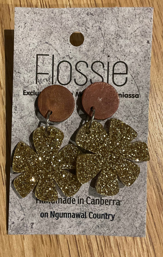 *Earrings Acrylic Glitter Gold Flower Dangles