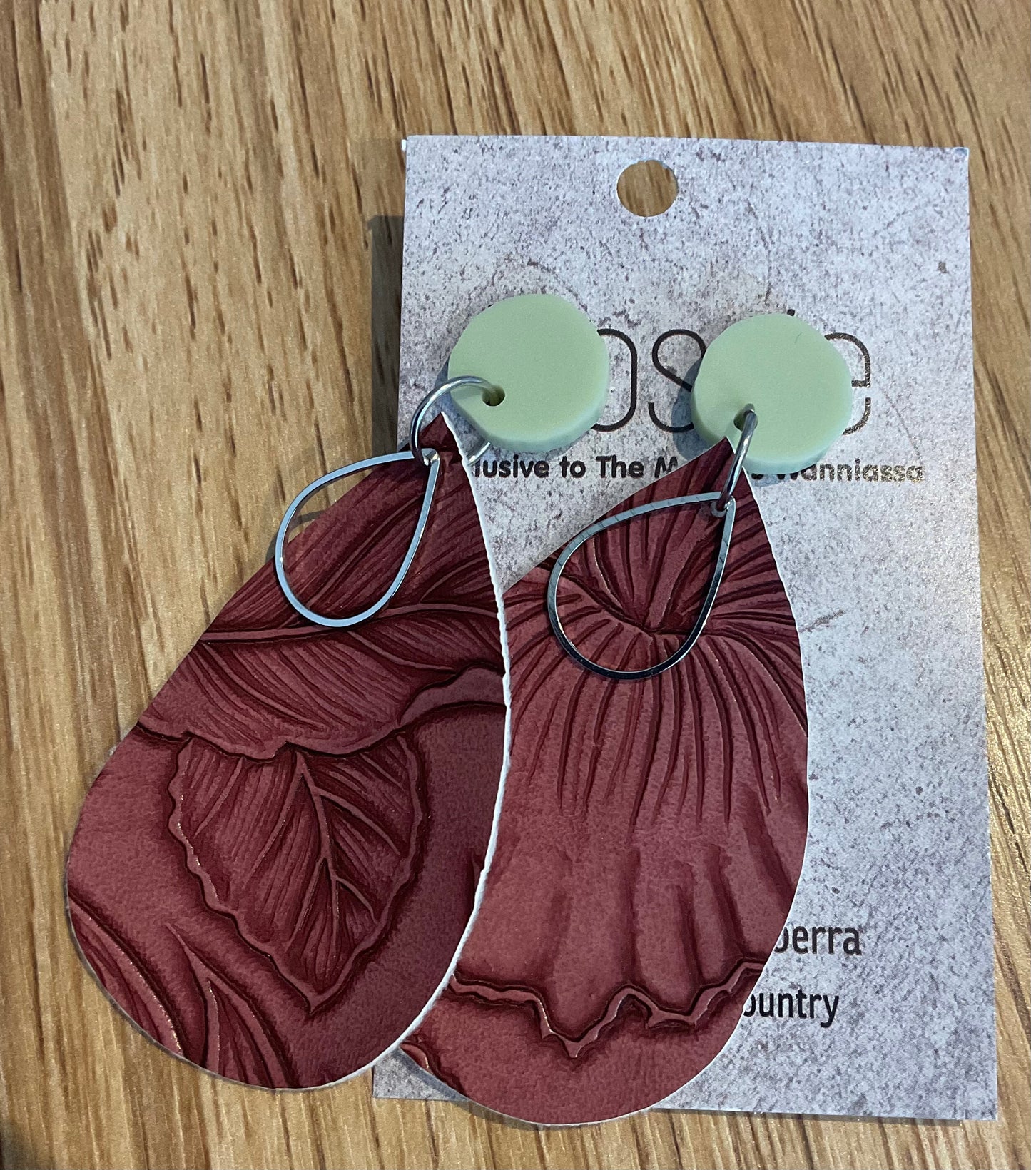 *Earrings Embossed Flowers Maroon Dangles
