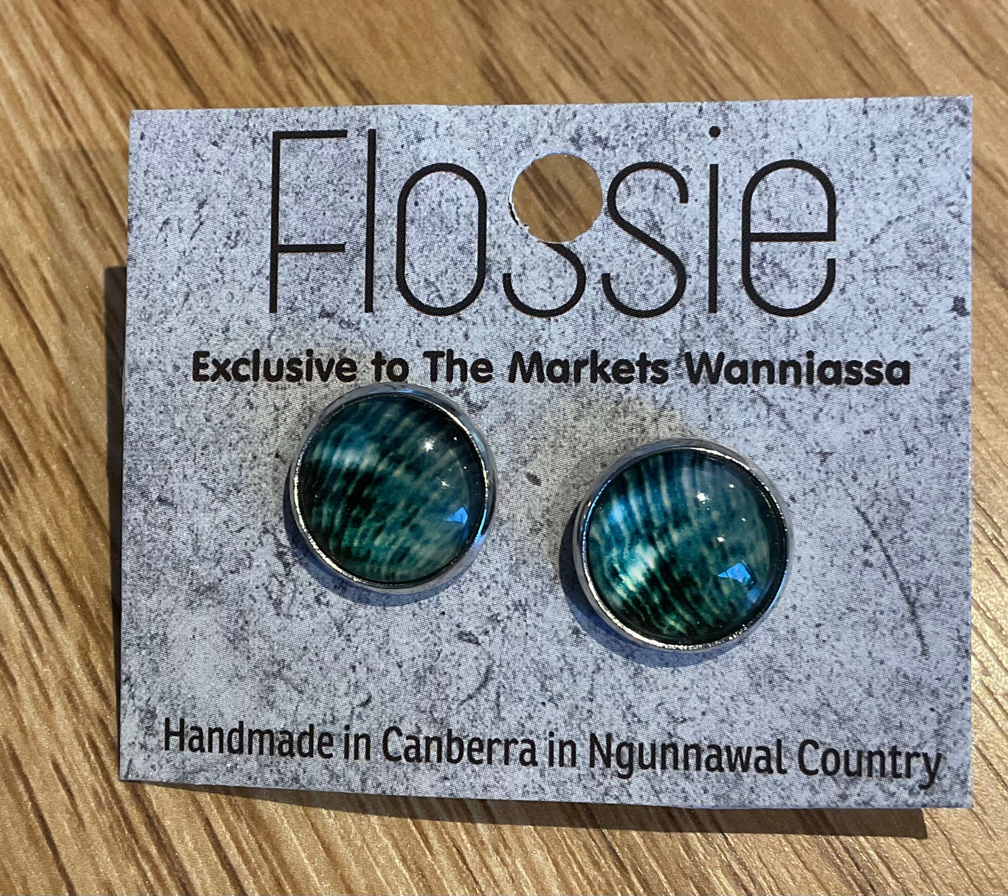 *Earrings Green Print Glass Dome Studs