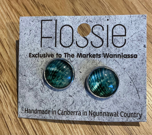 *Earrings Green Print Glass Dome Studs
