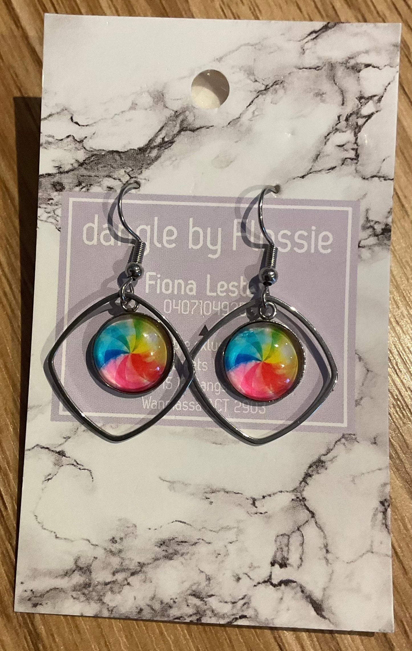 *Earrings Glass Dome Diamond Dangles Rainbow