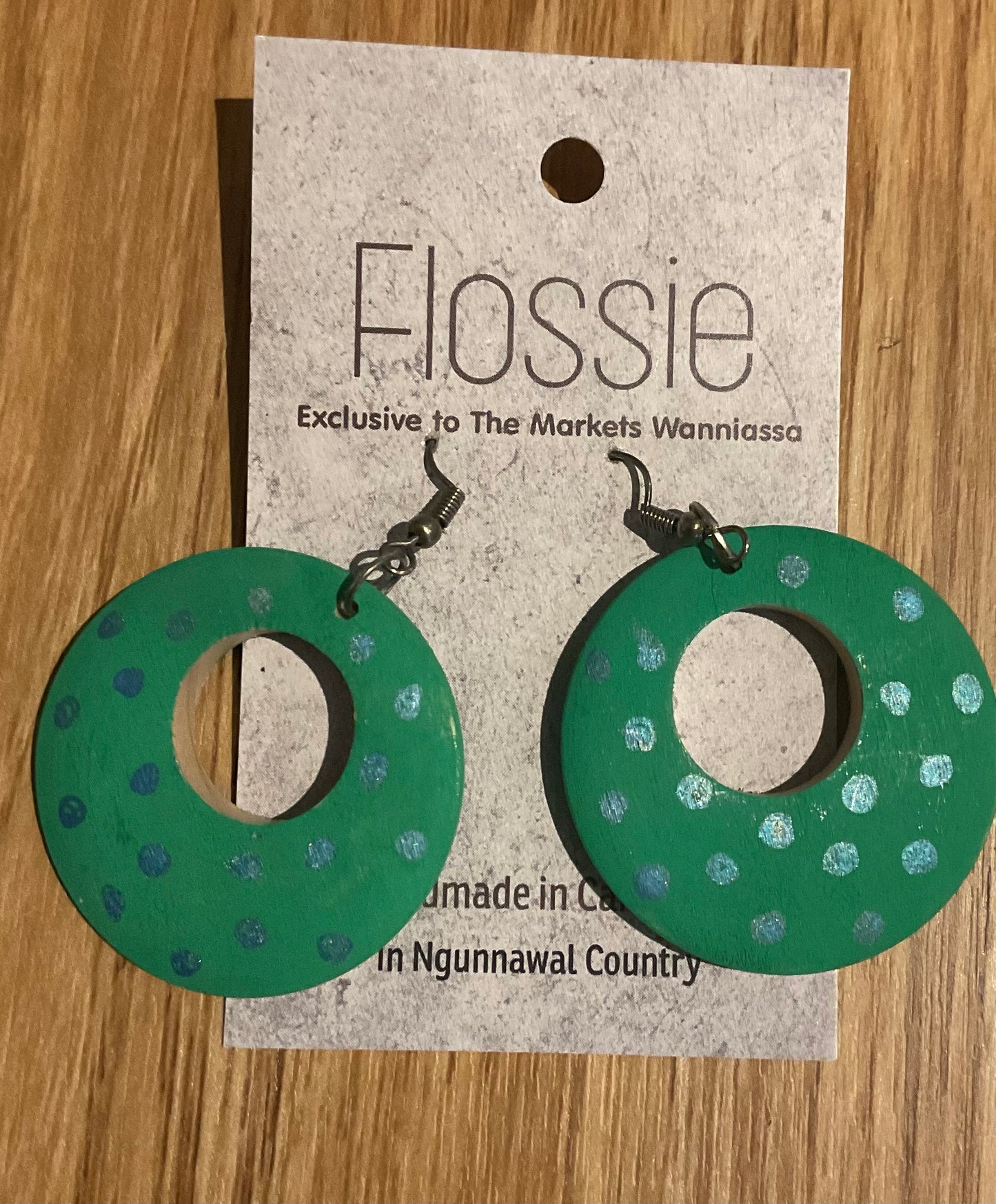 *Earrings Wooden Green Hoop Blue Spots Dangles