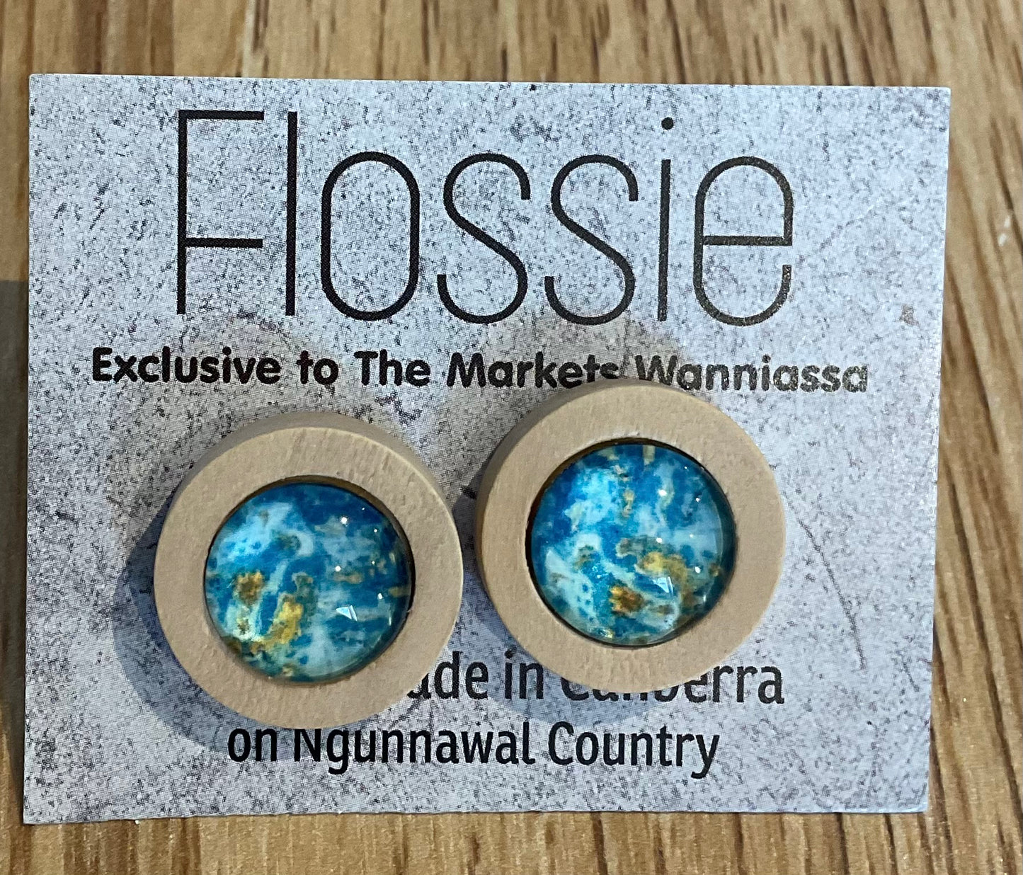*Earrings Wooden Blue Marble Dome Studs
