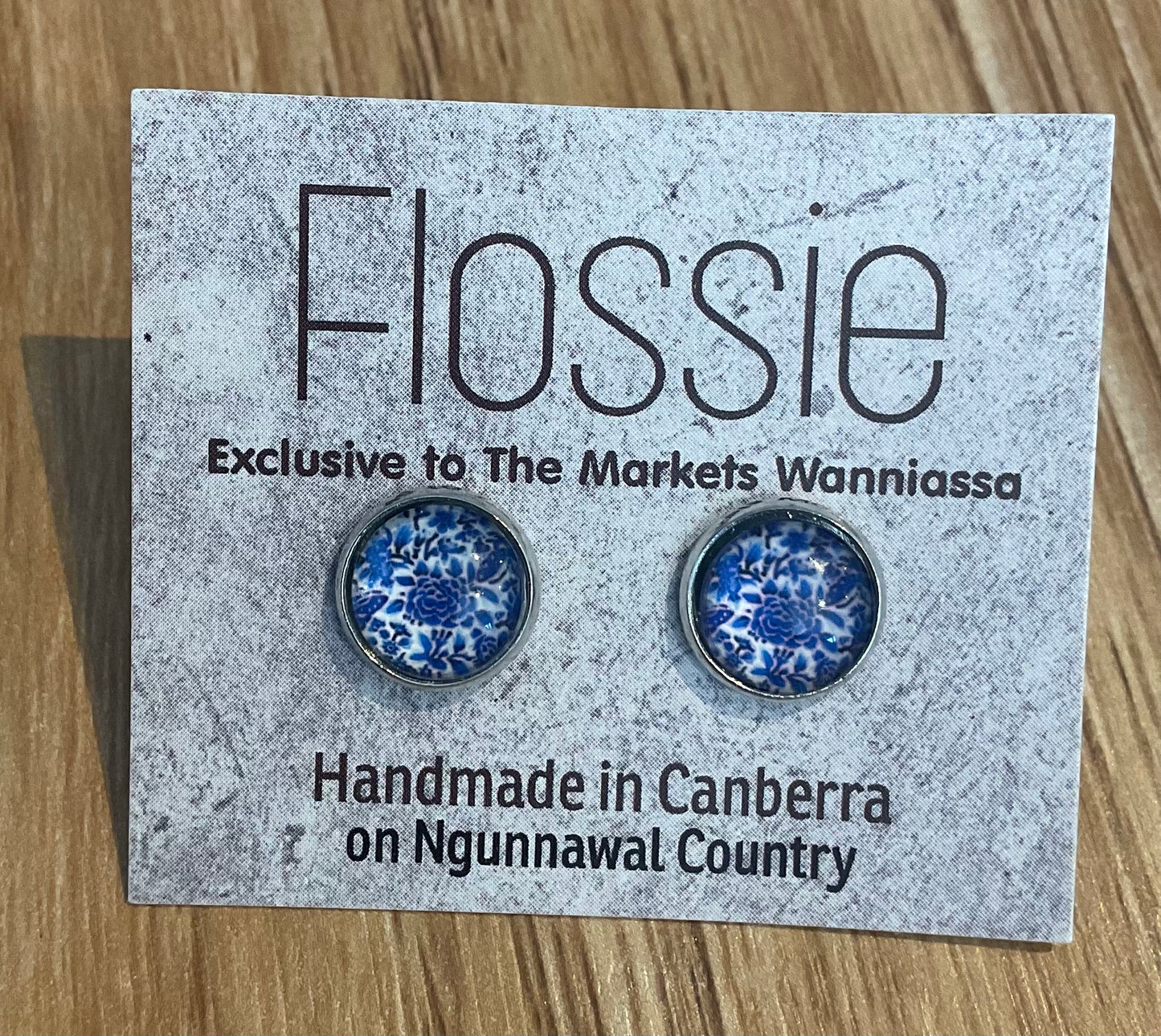*Earrings Blue Floral Print Glass Dome Studs