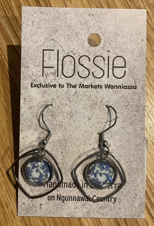 *Earrings Glass Dome Diamond Dangles Floral