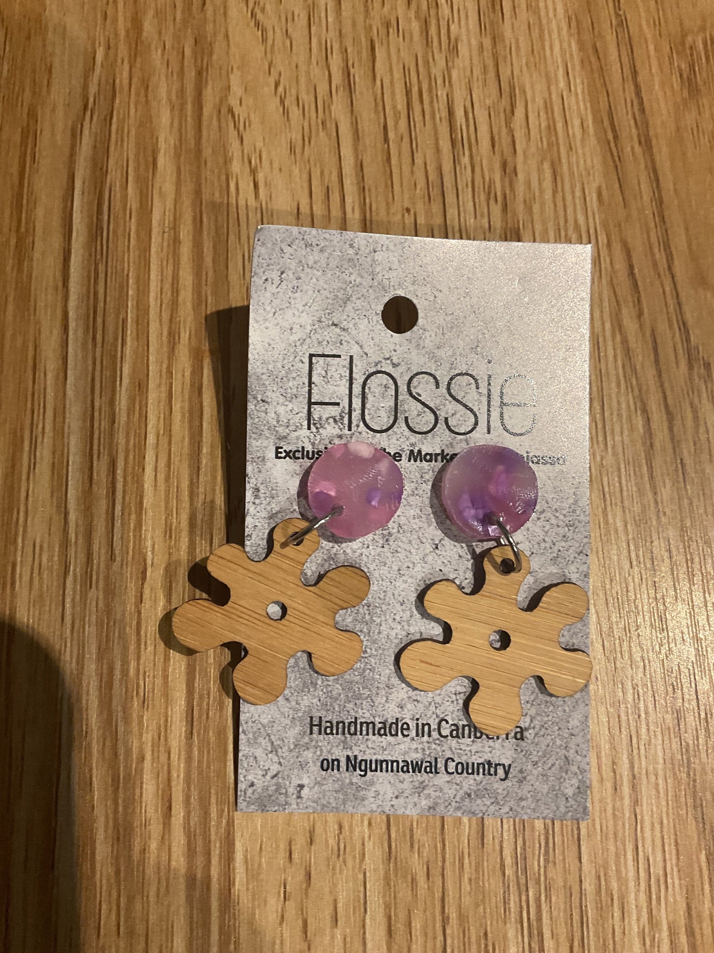*Earrings Wooden Splat with Pink Dangles
