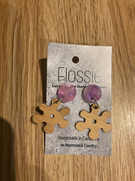 *Earrings Wooden Splat with Pink Dangles