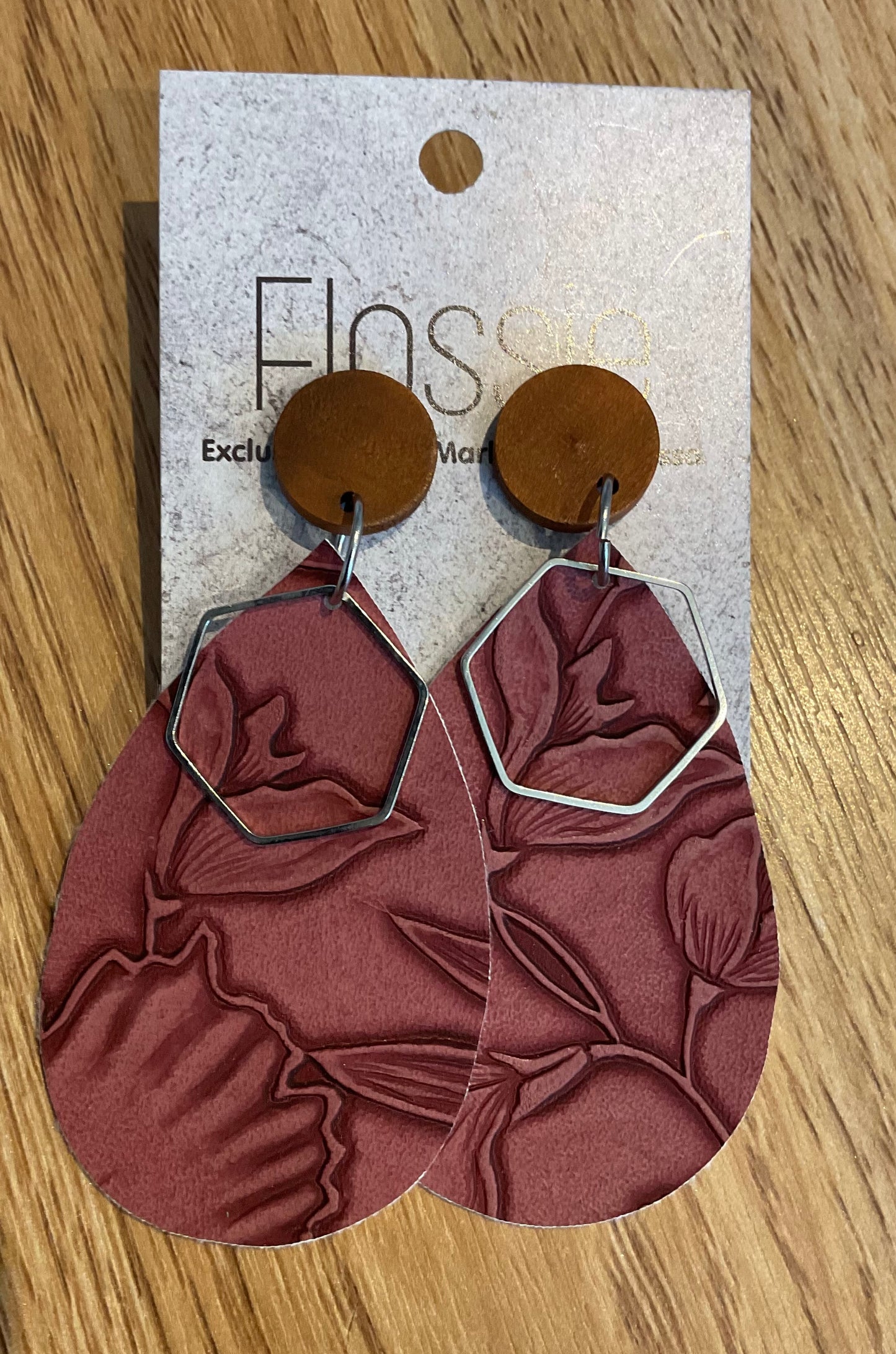 *Earrings Embossed Flowers Maroon Dangles