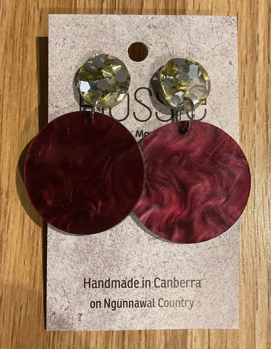 *Earrings 4cm Round Marble Maroon Dangles