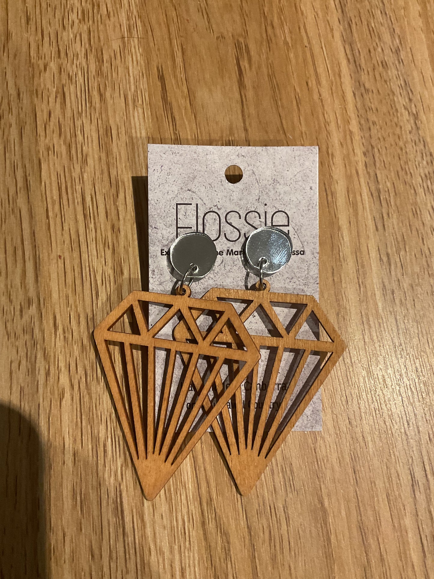 *Earrings Wooden Diamonds with Mirror Dangles