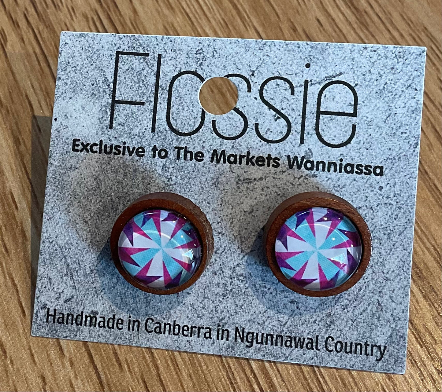 *Earrings Wooden Blue Geo Dome Studs