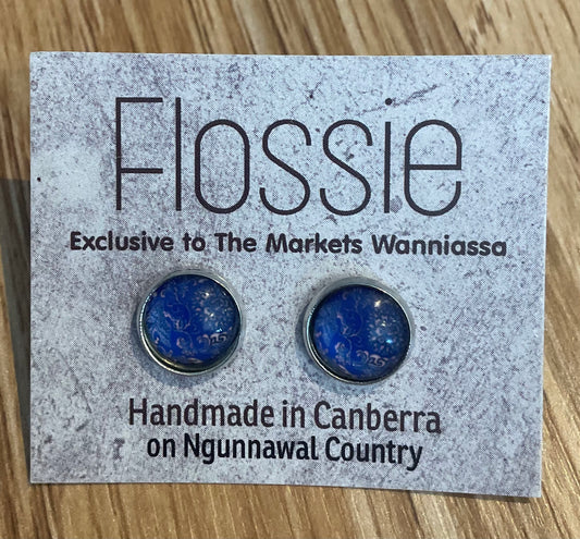 *Earrings Blue Floral Print Glass Dome Studs