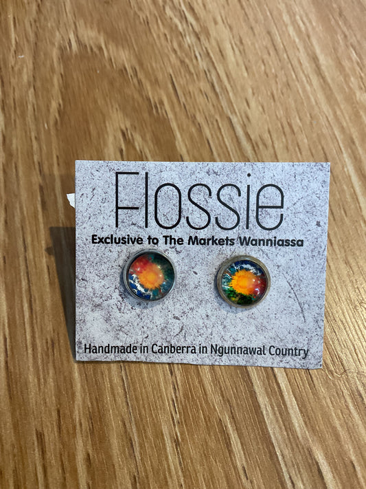 *Earrings Orange Bloom Glass Dome Studs
