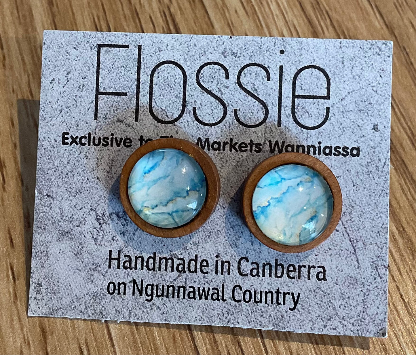 *Earrings Wooden Blue Marble Dome Studs