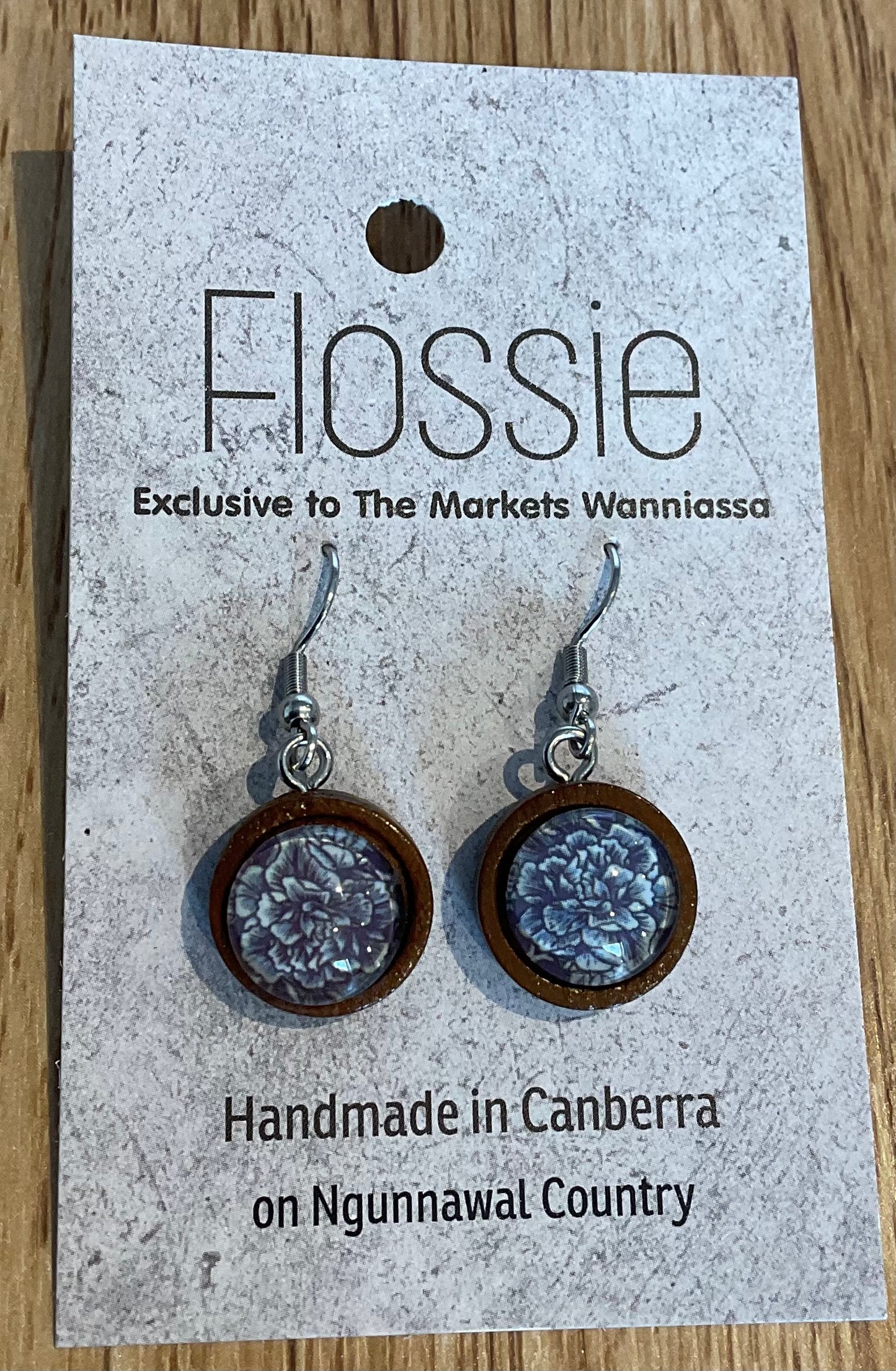 *Earrings Wooden Blue Print Flowers Dangles