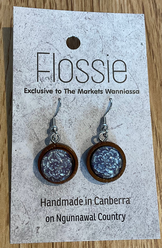*Earrings Wooden Blue Print Flowers Dangles
