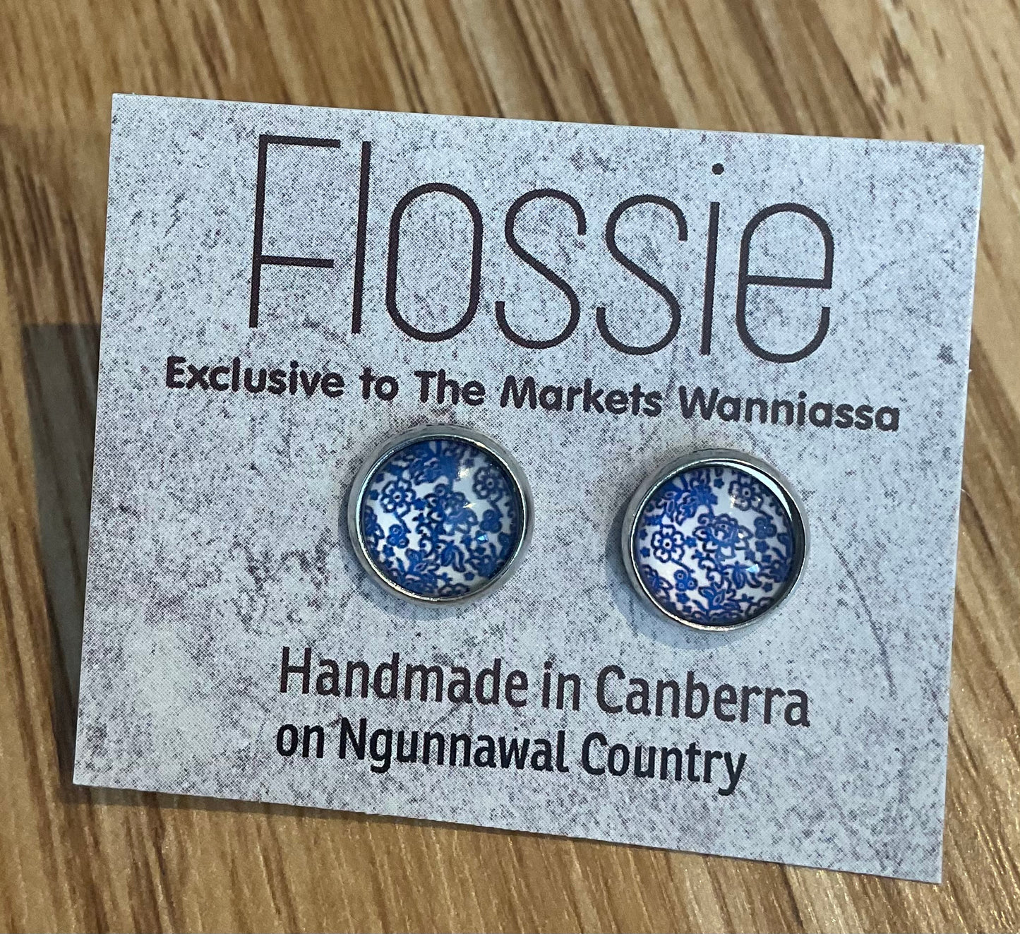 *Earrings Blue Floral Print Glass Dome Studs
