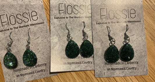 *Earrings Hand Poured Glitter Resin Dangles Emerald